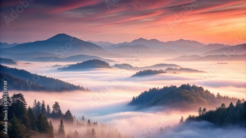 Soft pink and gray hues envelop a misty mountain landscape at dawn, morning light, mist, mountain, landscape, dawn, pink hues
