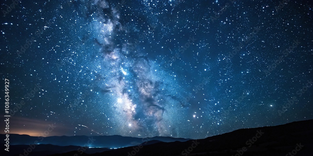 Naklejka premium Deep blue galaxy background with stars in a dark space, celestial, space, galaxy, starry night, astronomy