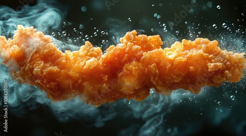 Fototapeta Naklejka Na Ścianę i Meble -  Crispy fried chicken tender, steaming hot, with water droplets.