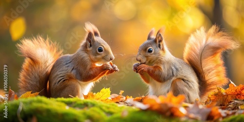 Two cute squirrels enjoying the autumn forest, with one of them munching on nuts, squirrels, adorable, colorful, orange