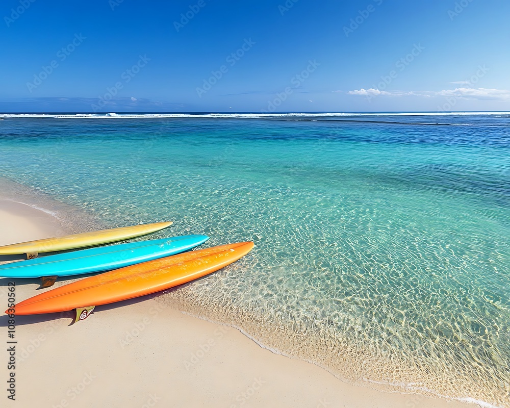 Serene beach scene with crystal-clear waters and colorful surfboards resting on the sand , Serene beach scene with crystal-clear waters and colorful surfboards resting on the sand ,