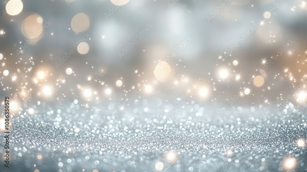 A shimmering winter wonderland with silver glitter swirling in the air, surrounded by glowing white bokeh lights. Tiny fairy lights flicker around the edges of the scene. A shimmering winter wonderland with silver glitter swirling in the air, surrounded by glowing white bokeh lights. Tiny fairy lights flicker around the edges of the scene.