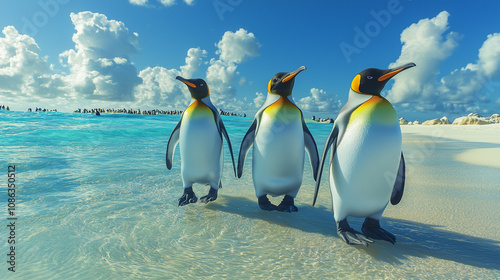 Penguins on a Tropical Beach. Three penguins walking along the shore of a tropical beach with clear turquoise water, white sand, and a bright blue sky with fluffy clouds.