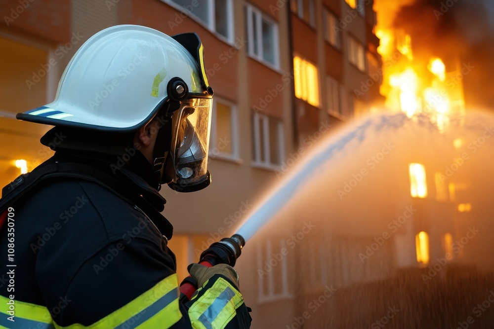 Obraz premium Firefighter wearing protective gear uses a hose to extinguish a building fire, highlighting emergency response and bravery.
