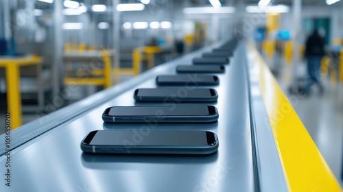 Wallpaper Mural Multiple smartphones lined up on a conveyor belt in a high-tech manufacturing facility, showcasing production automation. Torontodigital.ca