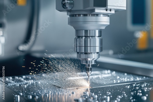 Close-up of a CNC machine in operation, cutting through metal with precision, creating sparks and metallic shavings.