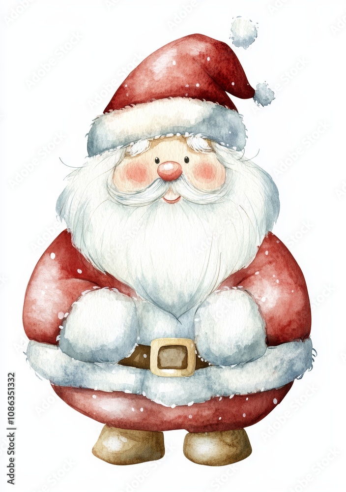 Fototapeta premium A charming watercolor of Santa Claus, cheerfully clutching a bulging bag of gifts, embodying the spirit of joy and holiday magic.
