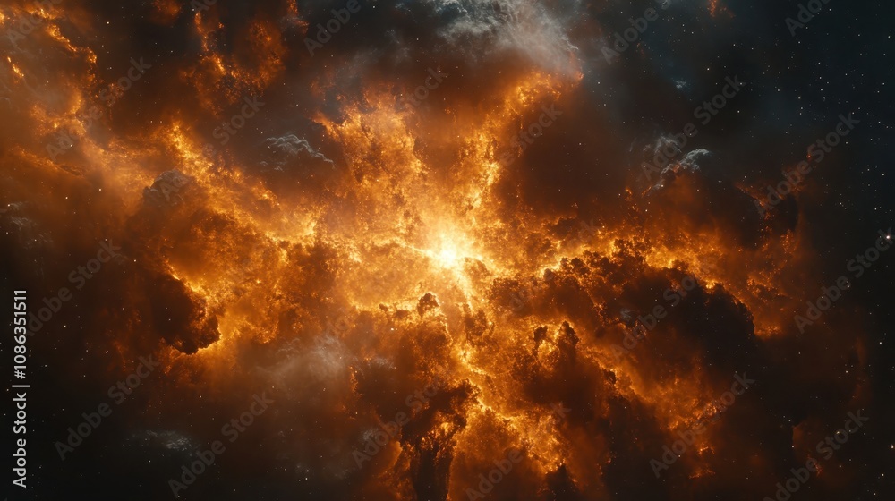 A dazzling cosmic explosion, showcasing vibrant orange and yellow hues against a dark starry background, representing the beauty of the universe. A dazzling cosmic explosion, showcasing vibrant orange and yellow hues against a dark starry background, representing the beauty of the universe.