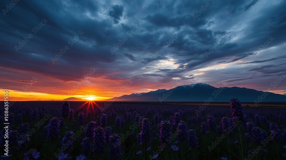 Obraz premium Dramatic sunset over a sea of purple flowers with mountains looming large in the distance, sunset, scenic view point