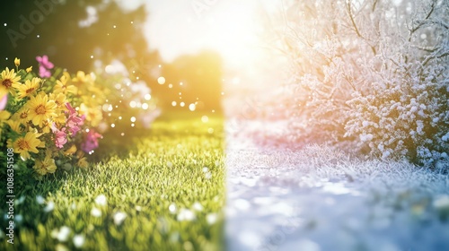 A landscape where half of the scene is a vibrant summer with green grass, blooming flowers, and bright sunlight, slowly transitioning into a snowy winter scene with frost-covered trees and icy ground.