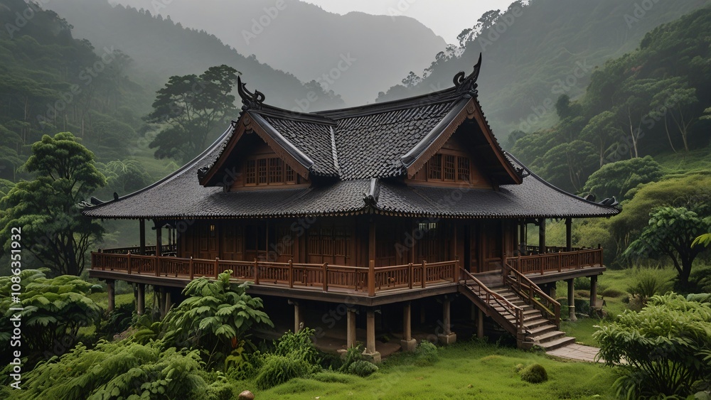 Tranquil Asian Wooden House in Lush Green Mountains Tranquil Asian Wooden House in Lush Green Mountains