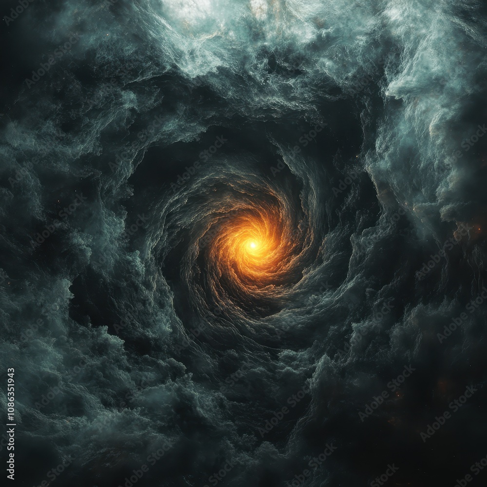 A swirling cosmic vortex with a bright orange core, surrounded by dark, cloud-like formations, evoking a sense of mystery and the vastness of space. A swirling cosmic vortex with a bright orange core, surrounded by dark, cloud-like formations, evoking a sense of mystery and the vastness of space.