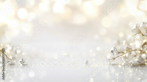 A minimalist modern background with tiny diamond shapes embedded in a glossy white surface, highlighted by soft gold glitter and fairy lights that add a touch of sparkle and warmth.