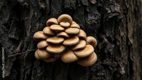 Earthy brown fungus growing on decaying tree trunk, fungal growth, forest floor, tree deg tree trunk photo