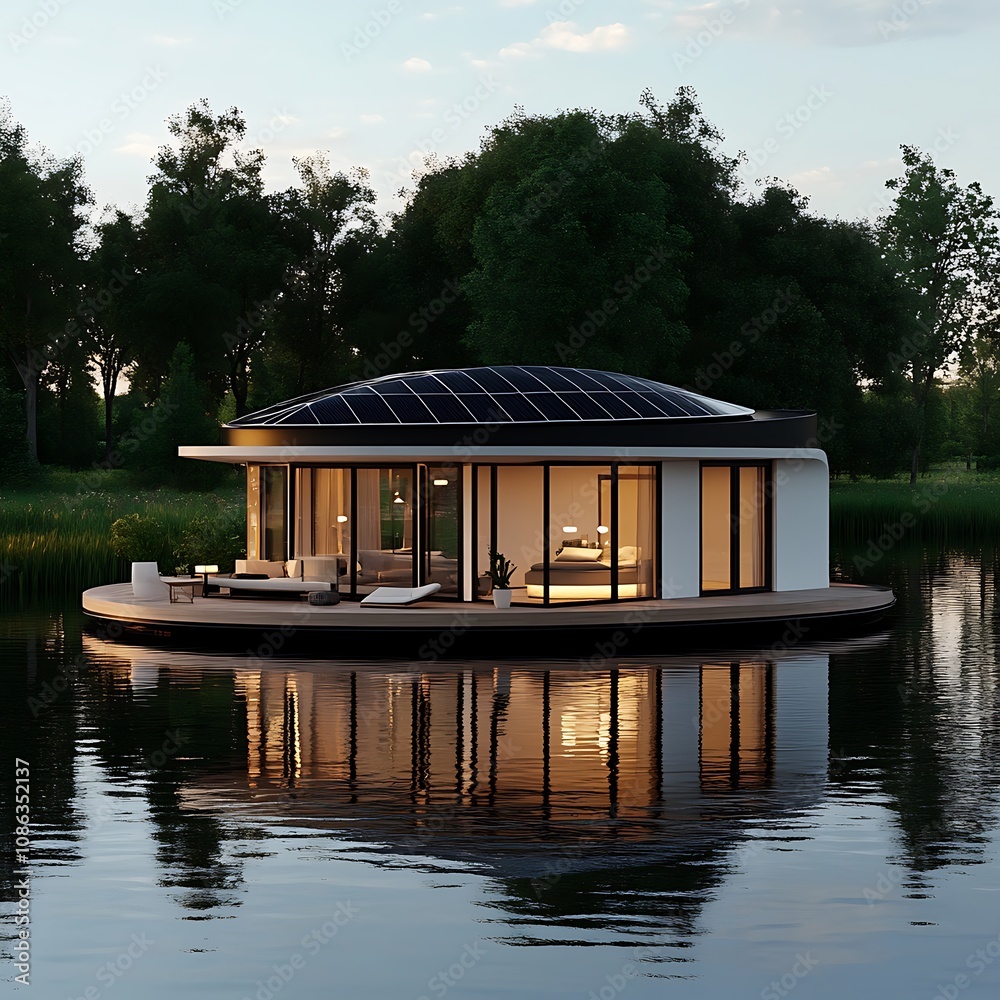 Modern Circular House on a Lake with Solar Panels. Modern Circular House on a Lake with Solar Panels.