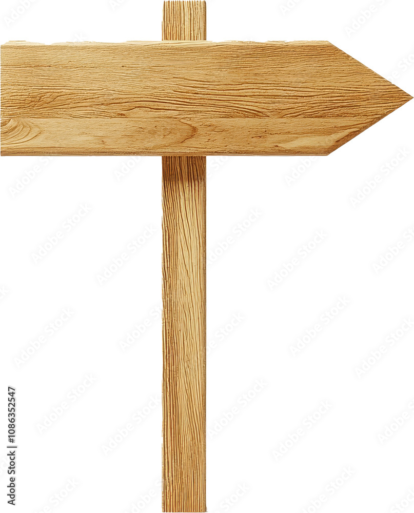 Wooden signpost with arrow on transparent background