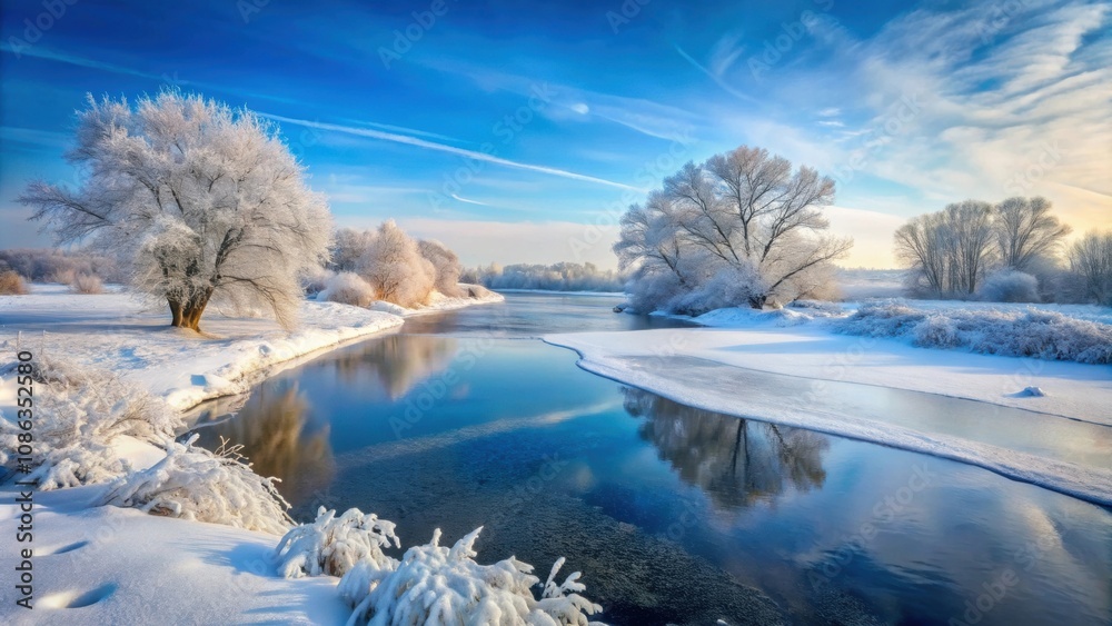 Snow-covered landscape with a frozen river cutting through the scene, winter, icy, cold, frosty, snowscape, river, nature Snow-covered landscape with a frozen river cutting through the scene, winter, icy, cold, frosty, snowscape, river, nature