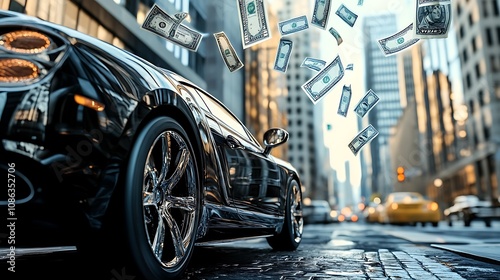 Fototapeta Naklejka Na Ścianę i Meble -  A luxury car parked on a city street with money floating above it like a dream