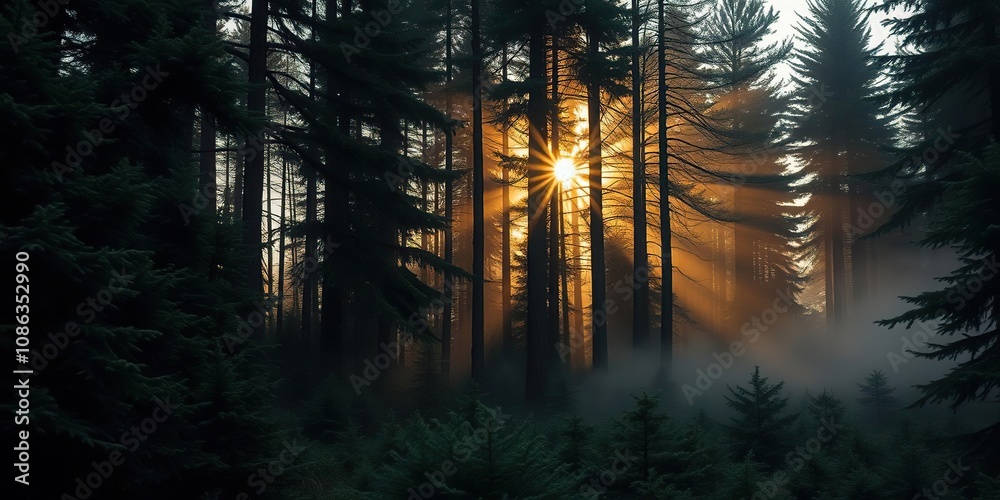 Obraz premium Evergreen forest at dawn with sunlight peeking through the canopy and mist rising from the ground, evergreen forest, early morning light, natural landscape