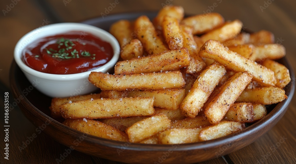 Crispy golden french fries served with ketchup in a rustic bowl. Crispy golden french fries served with ketchup in a rustic bowl.