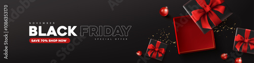 Black friday sale banner layout design template with open gift box red bow decorate