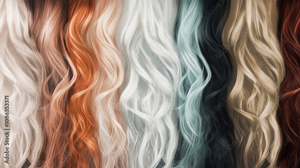 Close-up of a beautiful woman long. Curly hair texture. Smooth curls of hair. Blonde hair. Hair color swatches. Hair braiding background for beauty and spa concepts. Fashion wallpaper design