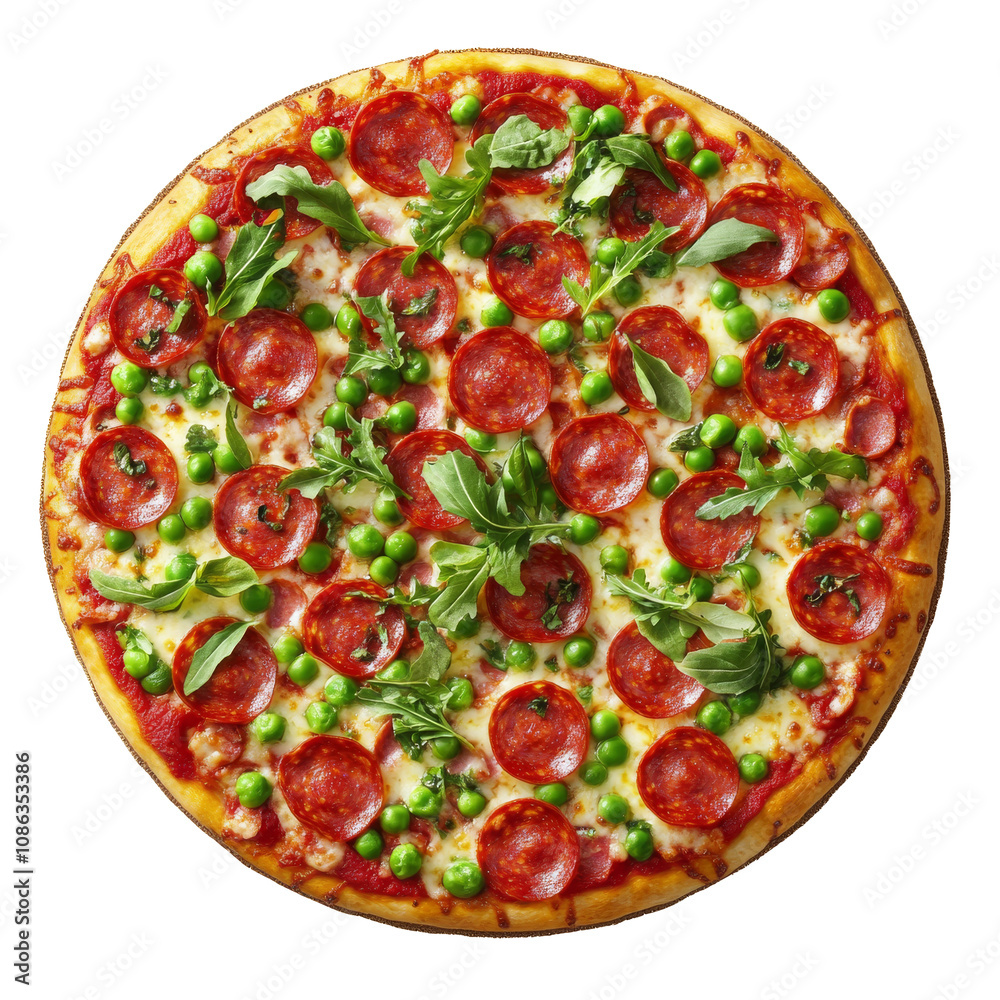 Pepperoni pizza with arugula and peas on transparent background Pepperoni pizza with arugula and peas on transparent background