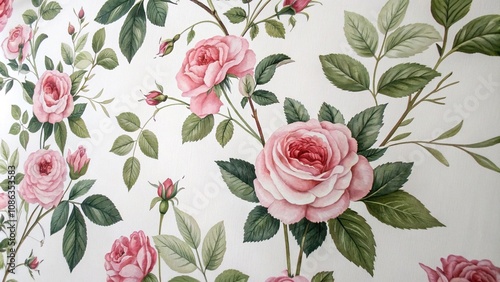 Wallpaper Mural Floral wallpaper with pink roses and green leaves in a natural and organic style, foliage pattern, floral wallpaper, pink flowers Torontodigital.ca