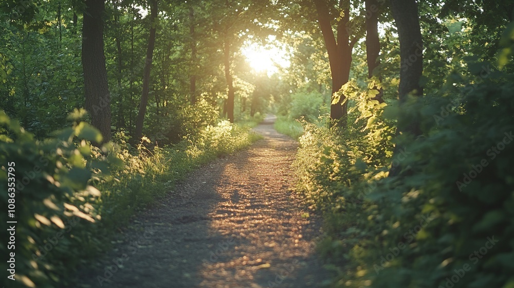 Obraz premium A serene forest path illuminated by sunlight, inviting exploration and tranquility.