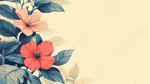 A floral illustration featuring hibiscus flowers and leaves on a soft background.