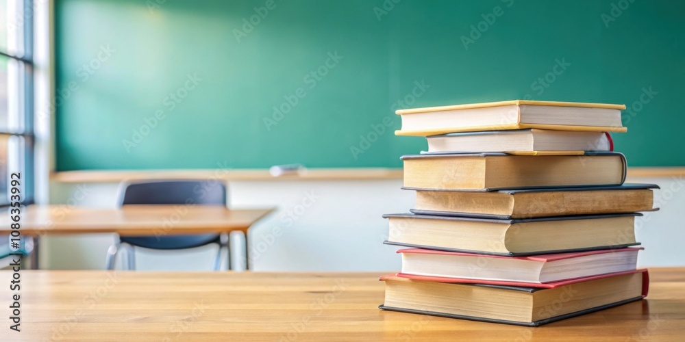 Stack of books on classroom table with back to school concept, education, school, classes, learning, render, back to school Stack of books on classroom table with back to school concept, education, school, classes, learning, render, back to school
