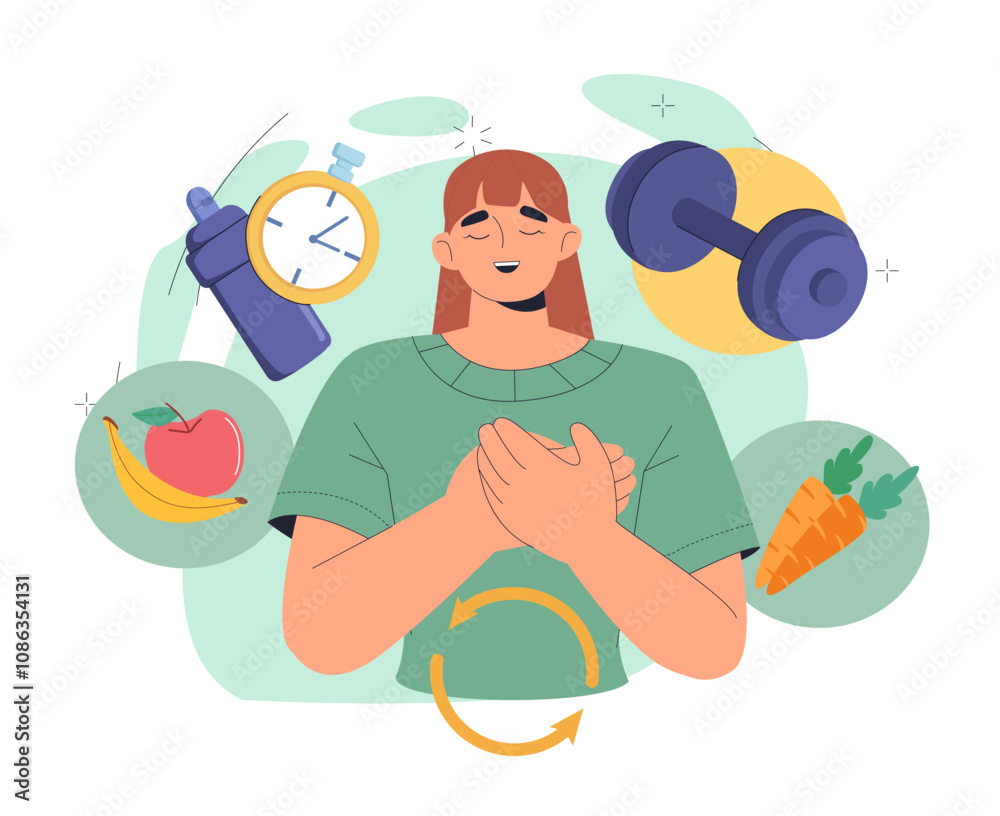Naklejka premium Woman with sportive lifestyle. Young girl near dumbbell and fruits with vegetables. Proper diet and nutrition with vitamins. Healthy lifestyle. Flat vector illustration isolated on white background