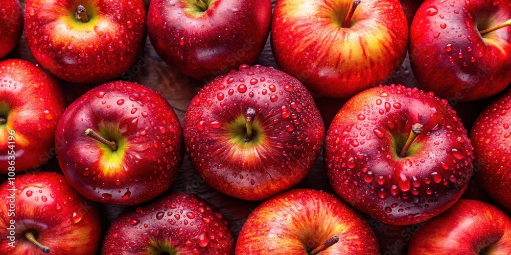 Top view of fresh red apples with water droplets, promoting healthy lifestyle, red apples, water droplets, fresh, top view Top view of fresh red apples with water droplets, promoting healthy lifestyle, red apples, water droplets, fresh, top view