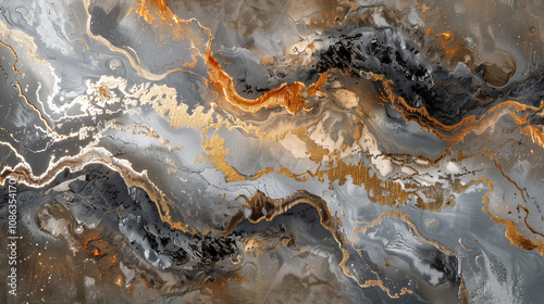 Abstract Fluid Art in Earthy Tones. A fluid abstract painting in earthy tones of gold, bronze, and gray, showcasing organic swirling patterns and dynamic textures.