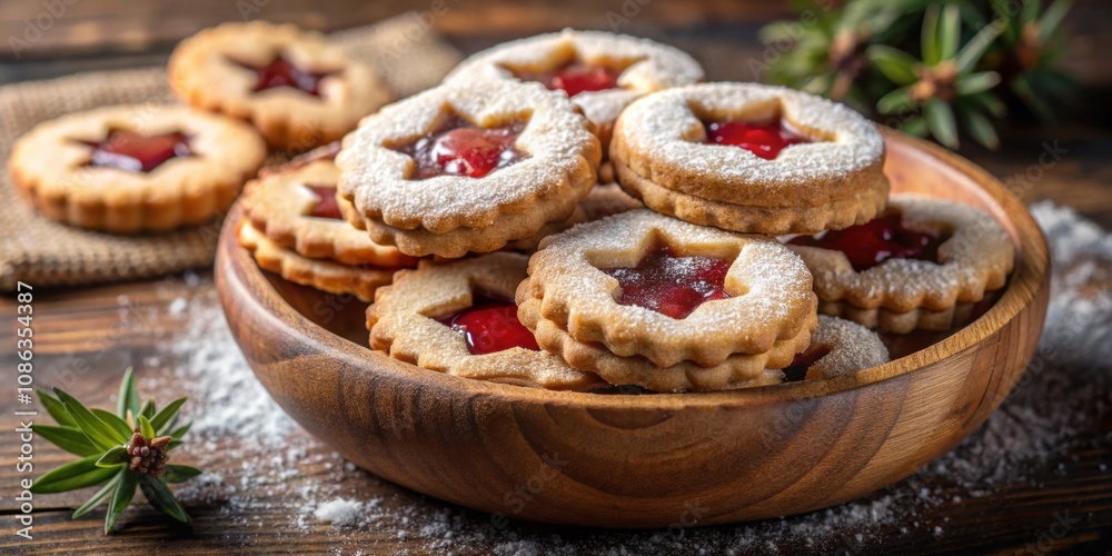 Homemade Linzer Christmas cookies filled with strawberry marmalade and dusted with sugar in a wooden bowl Homemade Linzer Christmas cookies filled with strawberry marmalade and dusted with sugar in a wooden bowl