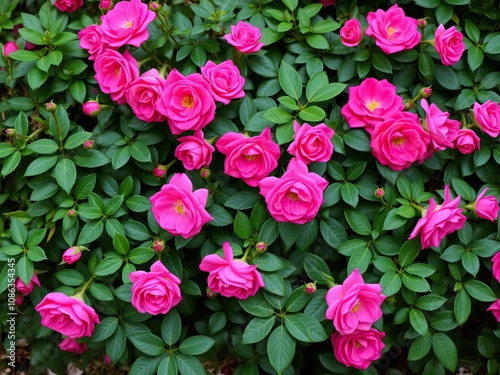 fuchsia bush roses surrounded by lush greenery, foliage, floral arrangement, nature's splendor photo