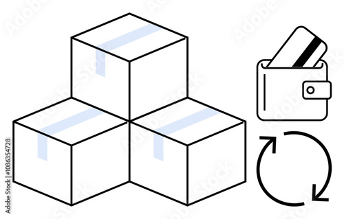 Three stacked boxes, wallet with card, and recycling arrows. Ideal for e-commerce, logistics, payment systems, sustainability, shipping retail and recycling themes. Line metaphor