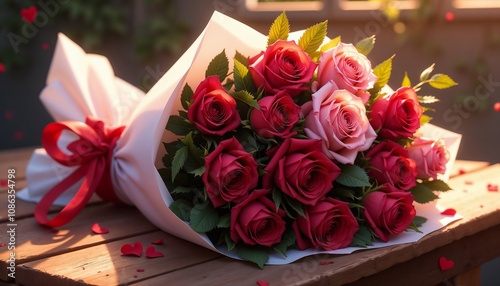 Elegant bouquet of red and pink roses wrapped in white paper photo