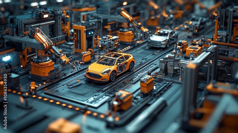 Futuristic automated car manufacturing line with robotic arms assembling vehicles Futuristic automated car manufacturing line with robotic arms assembling vehicles