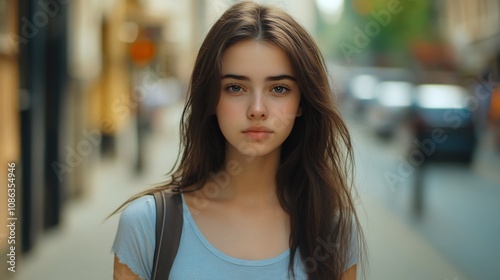 Portrait of a Young Woman in a City Street