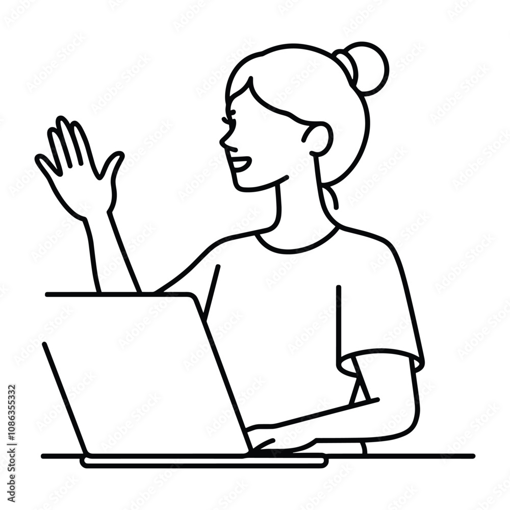 Woman Waving During an Online Meeting on a Laptop Woman Waving During an Online Meeting on a Laptop