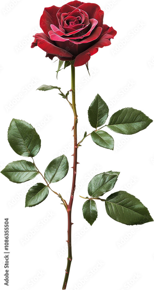 Obraz premium Red rose with green leaves on transparent background. Romantic and elegant nature concept