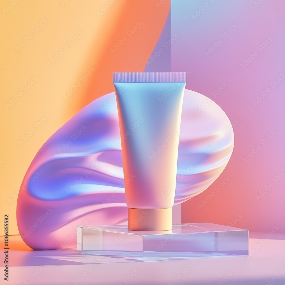 A vibrant tube of cream rests elegantly on a stand, beautifully contrasted against a soft pink background, exuding a sense of beauty and luxury. A vibrant tube of cream rests elegantly on a stand, beautifully contrasted against a soft pink background, exuding a sense of beauty and luxury.
