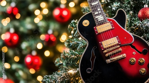 Festive Electric Guitar Decorated with Holiday Ornaments Against a Blurred Christmas Tree Background Sparkling with Lights