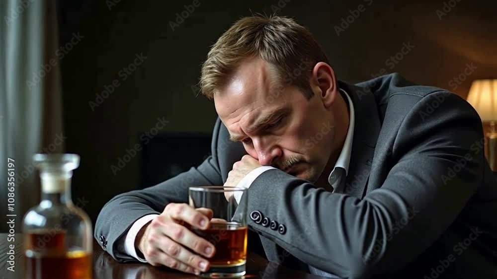 A man with light skin and light brown hair in a gray suit sits at a dark table with his head in his arm and a glass nearby. The soft lighting makes it look serious. A man with light skin and light brown hair in a gray suit sits at a dark table with his head in his arm and a glass nearby. The soft lighting makes it look serious.