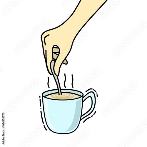 The hand stirring a cup of hot coffee with a spoon highlights the comfort and energy aspect of enjoying a cup of hot coffee.