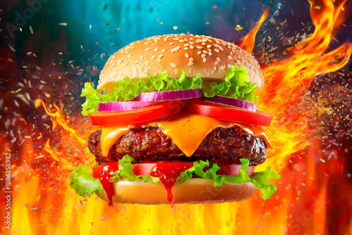 Wallpaper Mural Flying hamburger on the night, with fire and ketchup.	 Torontodigital.ca