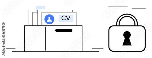 Documents with CVs in organizer next to padlock. Ideal for data security, privacy policies, recruitment processes, HR management, confidentiality agreement, personal information protection, secure
