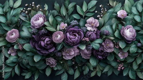 Vibrant purple flowers contrast beautifully against lush green leaves, set against a striking black background that enhances their allure and elegance.
