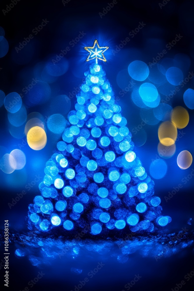 A beautifully adorned Christmas tree glows with vibrant blue lights, topped with a shining star, creating a festive and enchanting holiday atmosphere.